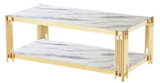 MESA DE CENTRO FLUTE CON ACABADO DORADO DISEÑO BLANCO Y MÁRMOL MEDIDAS 120X60X45CM