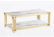 MESA DE CENTRO FLUTE CON ACABADO DORADO DISEÑO BLANCO Y MÁRMOL MEDIDAS 120X60X45CM
