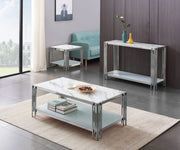 MESA DE CENTRO FLUTE CON ACABADO PLATEADO, DISEÑO BLANCO Y MÁRMOL, MEDIDAS 120X60X45CM