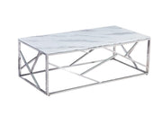 MESA DE CENTRO GEOMAG CON ESTRUCTURA DE ACERO INOXIDABLE PLATEADO Y MÁRMOL BLANCO DE 120X60X45CM