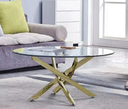 MESA DE CENTRO REDONDA JESSY CON ACABADO DORADO Y CRISTAL TRANSPARENTE DE 80X45CM