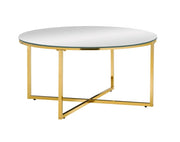 MESA DE CENTRO LORIE CON PATAS DORADAS Y TAPA DE CRISTAL DE ESPEJO DE 90CM