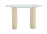 MESA CONSOLA ROXY CON PATAS DE TRAVERTINO Y CUBIERTA DE CERÁMICA BLANCA CON EFECTO MÁRMOL DE 120X40X78CM