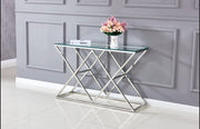 CONSOLA TRIANGULAR DE CRISTAL TRANSPARENTE PLATEADO CON MEDIDAS DE 120X40CM