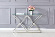 CONSOLA TRIANGULAR DE CRISTAL TRANSPARENTE PLATEADO CON MEDIDAS DE 120X40CM