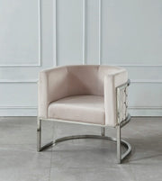 BEIGE ARMCHAIR WITH SILVER HONEYCOMB PATTERN AND  STAINLESS STEEL