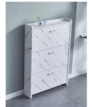 SHOE STAND SLIM , WHITE MARBLE PATTERNED WITH THREE TILTING DRAWERS MEASURING78X18X112CM