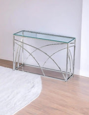 CONSOLA GEO CON TAPA DE CRISTAL TRANSPARENTE Y ACABADO PLATEADO 120X40X78CM