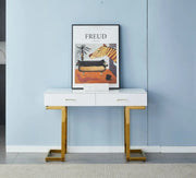 LILA CONSOLE WITH GOLD LEGS AND WHITE MARBLE TOP WITH 2 DRAWERS 120X40X80CM