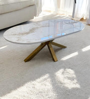 OPHELIA COFFEE TABLE IN BEIGE MARBLE TOP WITH GOLD FEETS. MEASURING 120X70X45CM