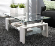 GLORIA COFFEE TABLE WITH TRANSPARENT GLASS ON TOP AND BOTTOM WITH WHITE FINISHING MEASURING 110X60X45CM