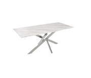 MESA RECTANGULAR OLIVIA DE MÁRMOL BLANCO Y PATAS PLATEADAS CON MEDIDAS DE 150X90X75CM