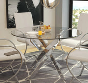 MESA DE COMEDOR REDONDA OLIVIA CON CUBIERTA DE CRISTAL TRANSPARENTE Y PATAS PLATEADAS DE 100X100X75CM