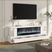 FLOMORA CHEMINEE  TV STAND WITH ELECTRIC FIREPLACE HEATER , 1500W, WITH REMOTE CONTROL , MULTICOLOR 3D FLAME EFFECT AND CHARGER WITH 4 DRAWERS MEASURING 180CM