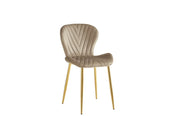 COLONNA CHAIR WITH GOLD LEGS AND TAUPE VELVET FABRIC.
