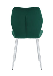 SHELL CHAIR WITH SILVER LEGS IN GREEN VELVET.