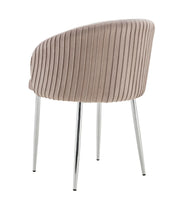 CARLITA CHAIR IN TAUPE VELVET WITH SILVER LEGS.