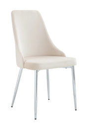 BELIZE CHAIR WITH SILVER LEGS AND BEIGE VELVET SEAT.