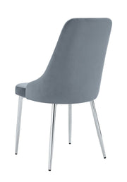 SILLA BELIZE CON PATAS PLATEADAS Y ASIENTO DE TERCIOPELO GRIS.