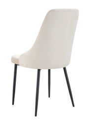 BELIZE CHAIR WITH BLACK METAL LEGS AND BEIGE VELVET SEAT.