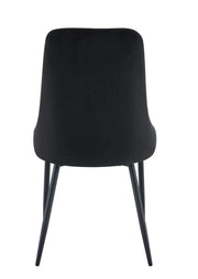 BELIZE CHAIR WITH BLACK METAL LEGS AND BLACK VELVET SEAT.
