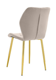 SHELL CHAIR IN TAUPE VELVET SEAT AND GOLD LEGS.