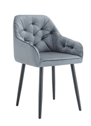 JADE CHAIR WITH BLACK METAL LEGS IN GREY VELVET SEAT.