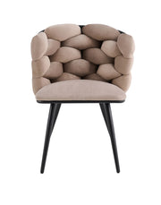 LOLIPOP CHAIRS WITH BLACK METAL LEGS IN TAUPE VELVET SEAT.