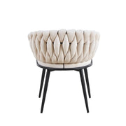WOVEN AEMCHAIR IN BEIGE VELVET AND BLACK METAL LEGS.MEASURING 67X43X73CM