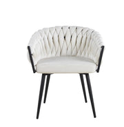WOVEN AEMCHAIR IN OFF WHITE/BEIGE VELVET AND BLACK METAL LEGS.MEASURING 67X43X73CM
