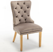 CHAIRS WITH RECTANGULAR GOLD HANDLE IN MOCHA VELVET AND GOLD FEETS.