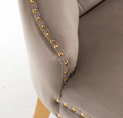 CHAIRS WITH RECTANGULAR GOLD HANDLE IN MOCHA VELVET AND GOLD FEETS.
