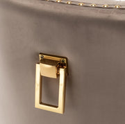 CHAIRS WITH RECTANGULAR GOLD HANDLE IN MOCHA VELVET AND GOLD FEETS.