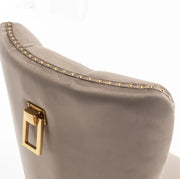 CHAIRS WITH RECTANGULAR GOLD HANDLE IN MOCHA VELVET AND GOLD FEETS.