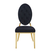 MEDAILLON BUTTON TUFTED CHAIRS WITH BLACK VELVET AND GOLD LEGS.
