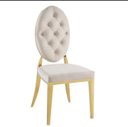 MEDAILLON BUTTON TUFTED CHAIRS WITH BEIGE VELVET AND GOLD LEGS.