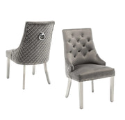 QUILTED STUDDED RING CHAIRS WITH SILVER FEETS AND ANTHRACITE VELVET.