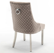 QUILTED RING CHAIR IN MOCHA VELVET AND SILVER FEETS.