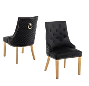 SILLAS DE ANILLO ACOLCHADAS CON TERCIOPELO NEGRO Y PATAS DORADAS.