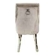 STUDDED RING CHAIR IN MOCHA VELVET WITH STAINLESS STEEL FEETS IN SILVER .