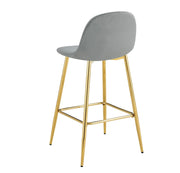 SCANDINAVIAN BAR STOOL WITH GOLD LEGS IN GREY VELEVT.