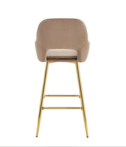 ATHENA BAR STOOL WITH GOLD LEGS IN TAUPE VELVET.