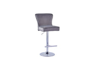 GABRIELLE BAR STOOL WITH SILVER LEGS IN ANTHRACITE VELVET ALSO UP AND DOWN . MEASUIRING 46X40X96-117CM