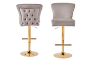GABRIELLE BAR STOOL WITH GOLD LEGS IN TAUPE VELVET ALSO UP AND DOWN . MEASUIRING 46X40X96-117CM