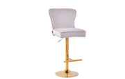 GABRIELLE BAR STOOL WITH GOLD LEGS IN BEIGE VELVET ALSO UP AND DOWN . MEASUIRING 46X40X96-117CM
