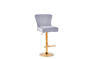 GABRIELLE BAR STOOL WITH GOLD LEGS IN GREY VELVET ALSO UP AND DOWN . MEASUIRING 46X40X96-117CM