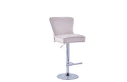 GABRIELLE BAR STOOL WITH SILVER LEGS IN BEIGE VELVET  ALSO UP AND DOWN . MEASUIRING 46X40X96-117CM