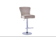 GABRIELLE BAR STOOL WITH SILVER LEGS IN TAUPE VELVET ALSO UP AND DOWN . MEASUIRING 46X40X96-117CM