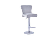 GABRIELLE BAR STOOL WITH SILVER LEGS IN GREY VELVET ALSO UP AND DOWN . MEASUIRING 46X40X96-117CM
