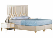 BOSS BED IN GOLD AND BEIGE COLOR DESIGN WITH VELVET ON HEADBOARD.MEASURING 160X200CM.WITHOUT MATRESS.WITH SOMMIER,CANAPE.